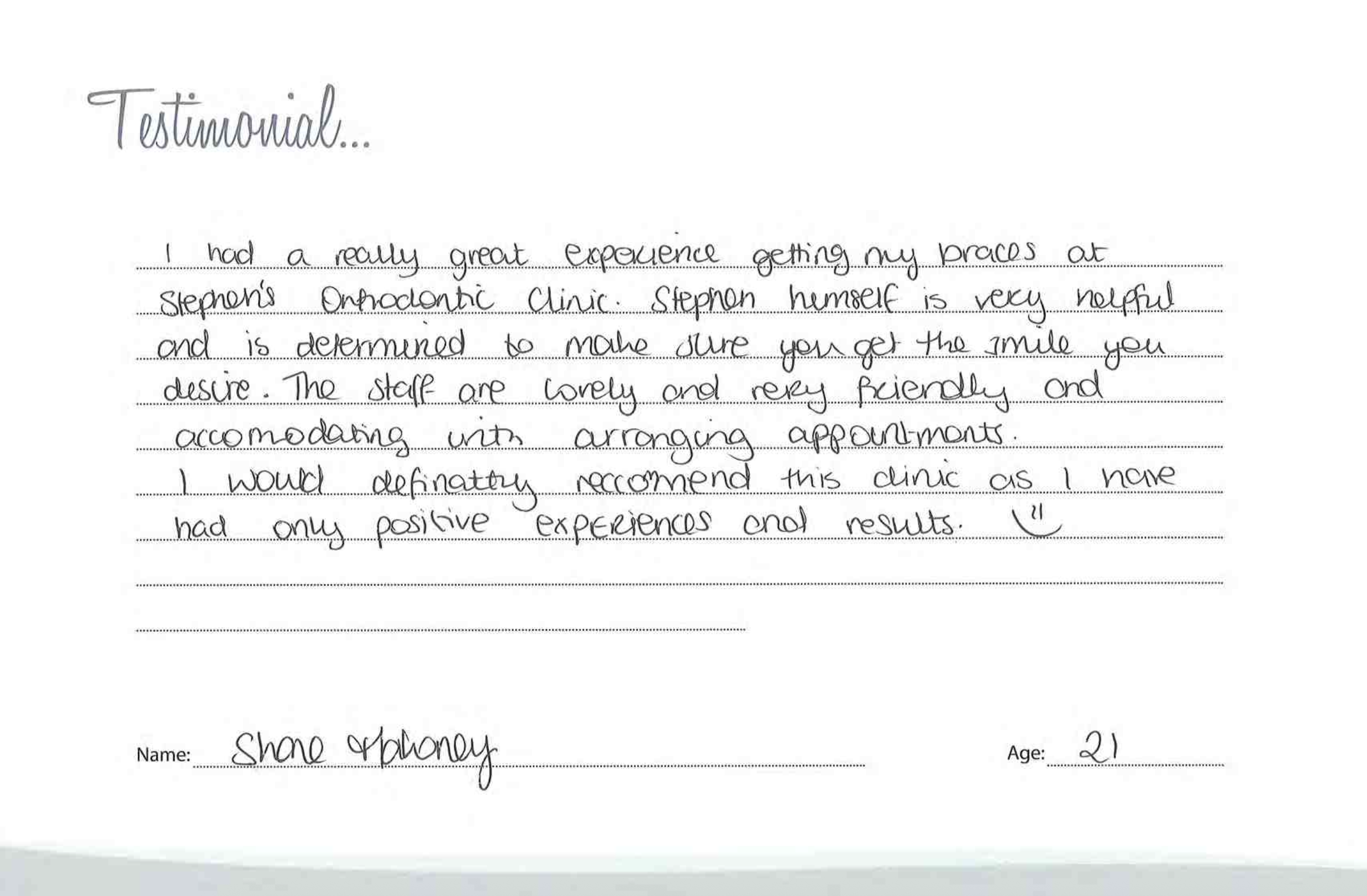 Handwritten testimonial from Shane Mahoney, age 21