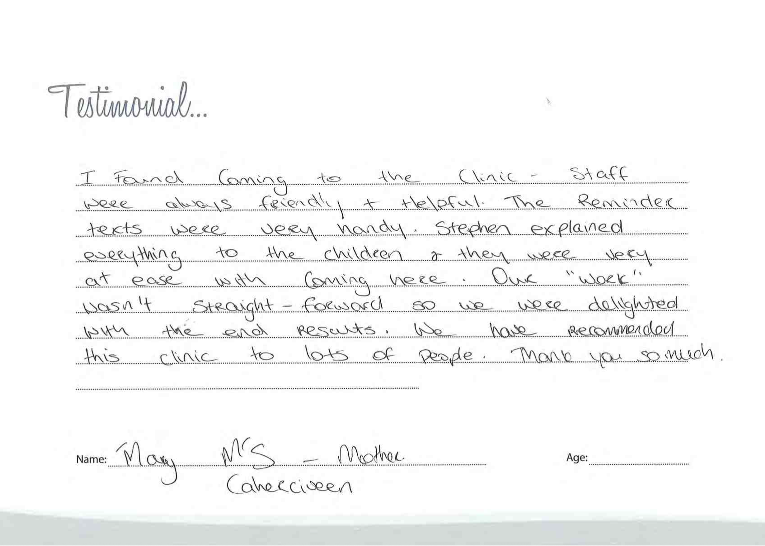 Handwritten testimonial from a mother, Caherciveen