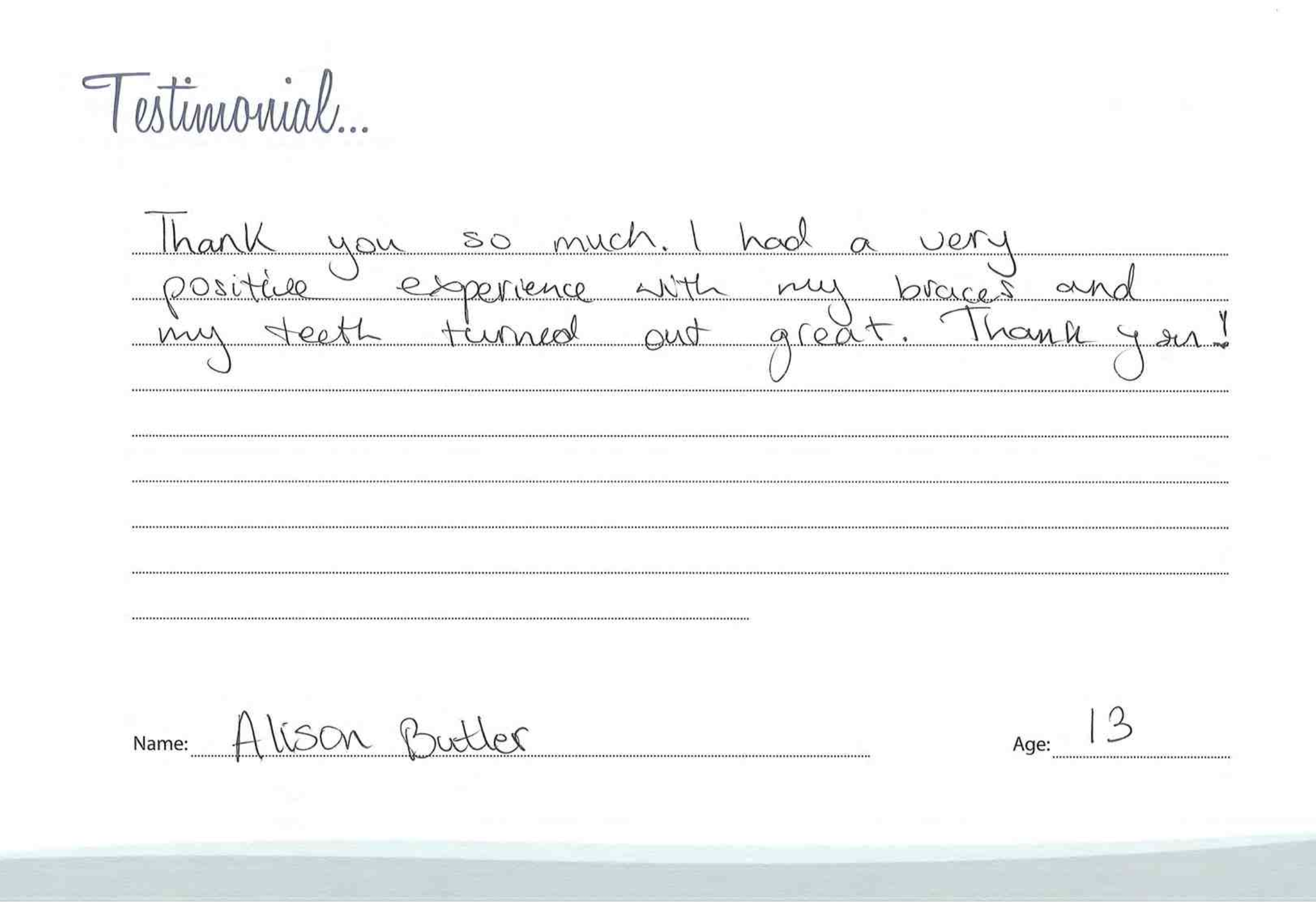 Handwritten testimonial from Alison Butler, age 13