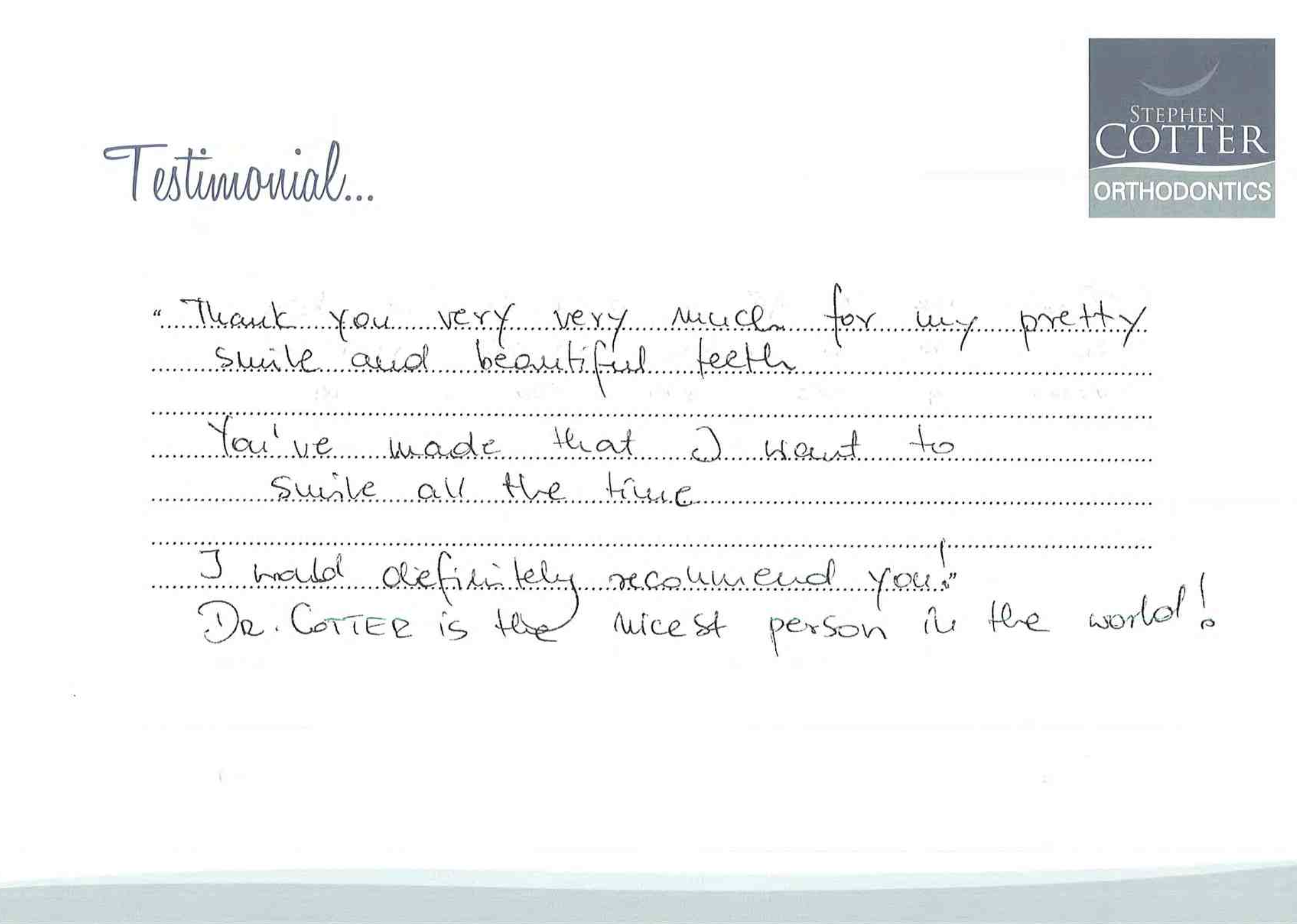 Handwritten testimonial, young patient