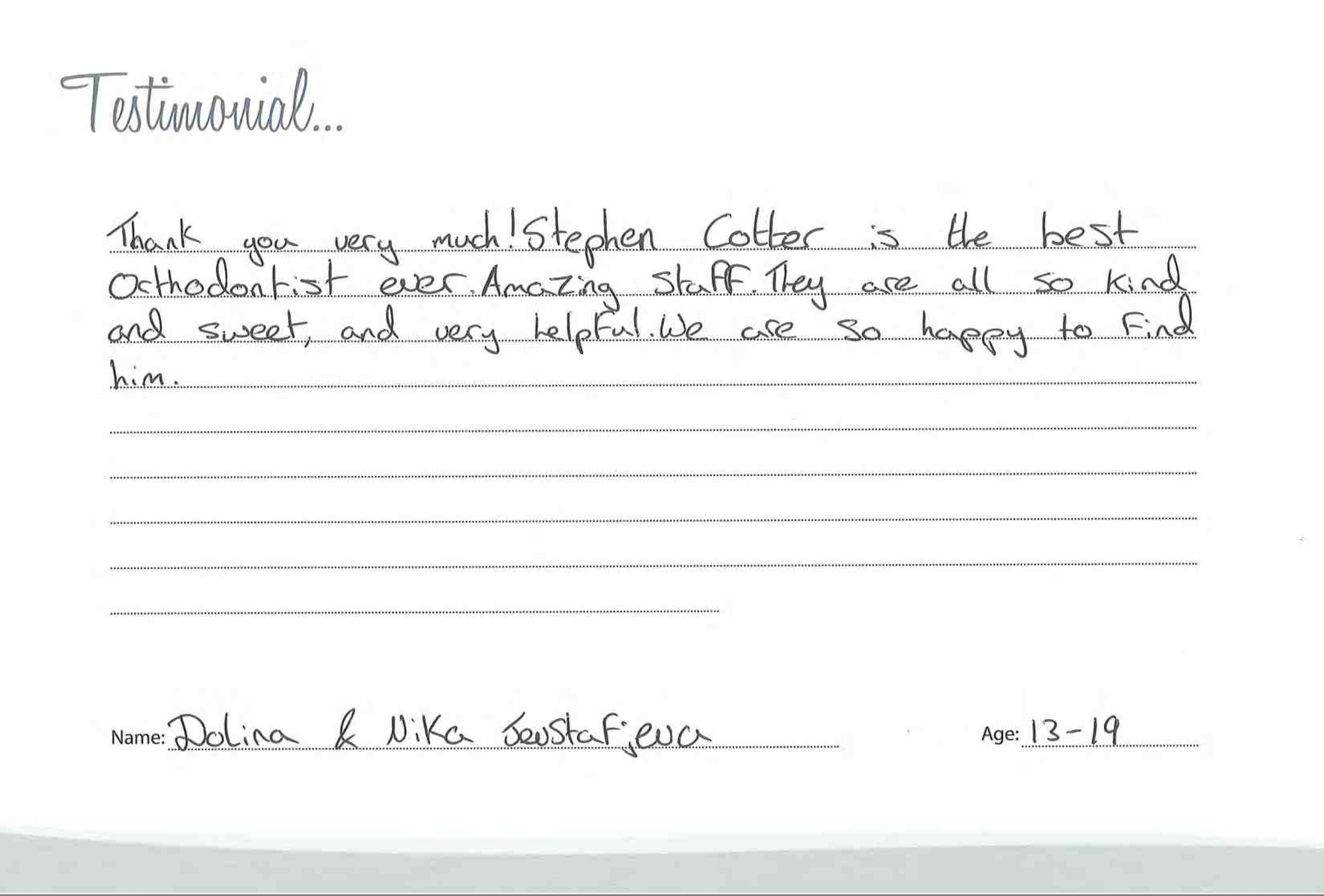 Handwritten testimonial